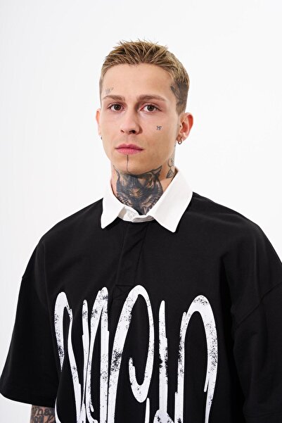 Machinist Men's High Printed Oversized Polo Neck T-Shirt Black