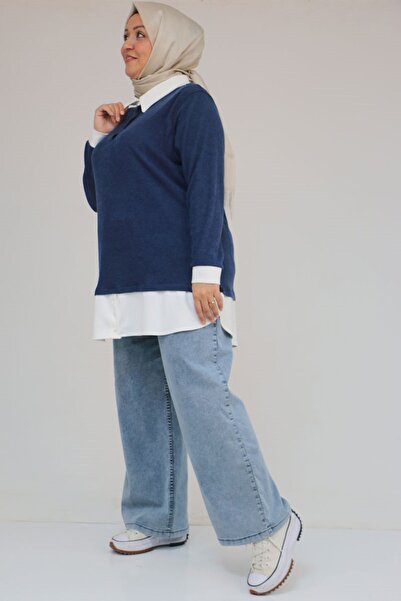 Eslina 58159 Plus Size Shirt Collar Look Paneled Mir Tunic - Indigo