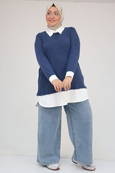 Eslina 58159 Plus Size Shirt Collar Look Paneled Mir Tunic - Indigo