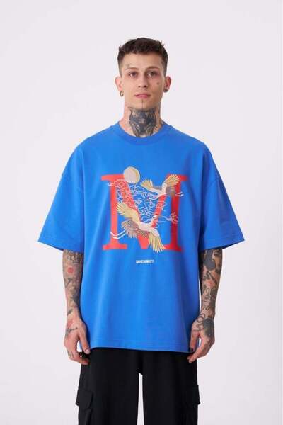 Machinist Ανδρικό μπλουζάκι Crane Bird με τύπωμα oversized γαλάζιο
