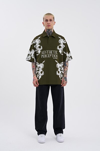 Machinist Tricou pentru bărbați Aesthetic Flower cu imprimeu cu gât polo kaki