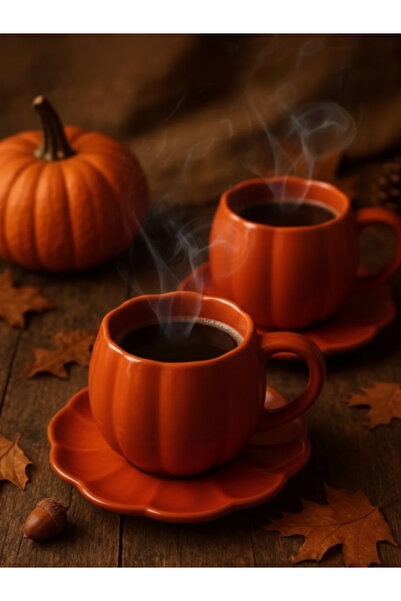 Viyalente Handmade 2 Pieces Ceramic Pumpkin Tea Coffee Cup Set with Saucer 250 ml Orange Mug Set