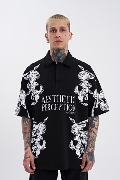 Machinist Men's Aesthetic Flower Printed Polo Neck T-Shirt Black