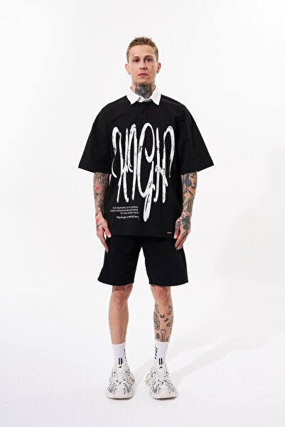Machinist Men's High Printed Oversized Polo Neck T-Shirt Black