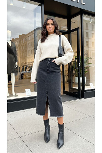 Dema Női farmer pamut hasított hosszú fekete szoknya