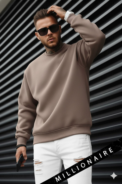 Millionaire Ανδρικό φούτερ ανοιχτό καφέ μόκα Basic 0 με λαιμόκοψη χωρίς στάμπα, απλό oversized φαρδύ και χαλαρό φούτερ