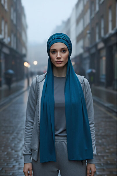 Aisha's Design Combed Cotton Boneli Ready-Made Combed Cotton Hooded Shawl Two-Piece Set, Ps-57, Petrol