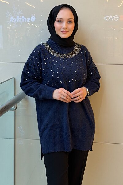 Nuss 7003 Crew Neck Angora Tunic with Sprinkle Bead Embroidery