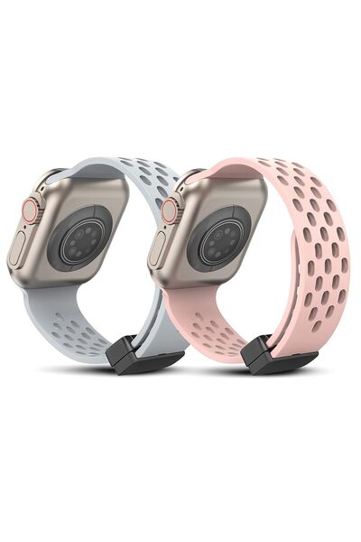 O Ozone (Pack of 2) Magnetic Buckle Silicone Band For Apple watch 49/45/44/42mm -Grey/Pink