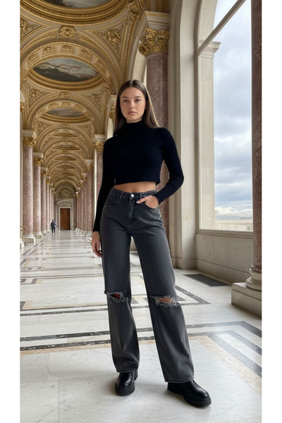 Dema Women's 100% Cotton Denim Palazzo Trousers with Wear