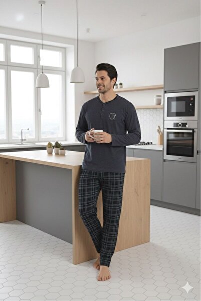 SUNZERHOMEWEAR Men's Gray Solid Color Without Pockets with Buttoned Collar