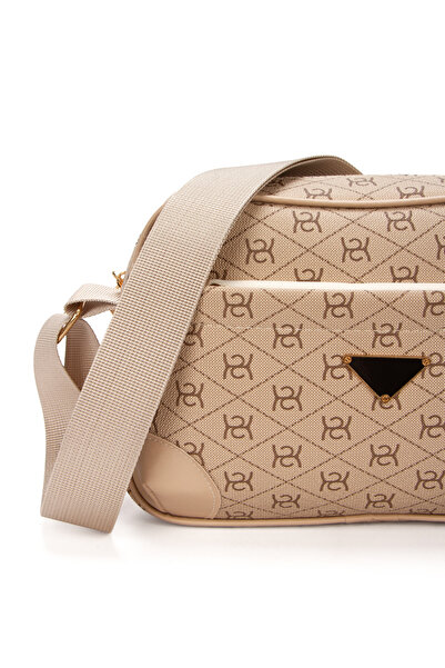 Newish Polo Geantă de umăr încrucișată cu curea lungă cu model monogramă bej pentru femei