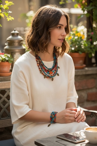 dela otantik El Yapımı Çok sıralı Otantik Kolye ve Bileklik Seti –Renkli Bonc...