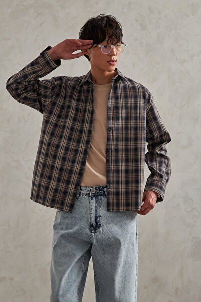 HYMAN Erkek Oversize %100 Pamuk Ekose Gömlek