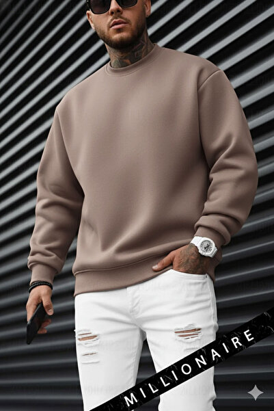 Millionaire Ανδρικό φούτερ ανοιχτό καφέ μόκα Basic 0 με λαιμόκοψη χωρίς στάμπα, απλό oversized φαρδύ και χαλαρό φούτερ