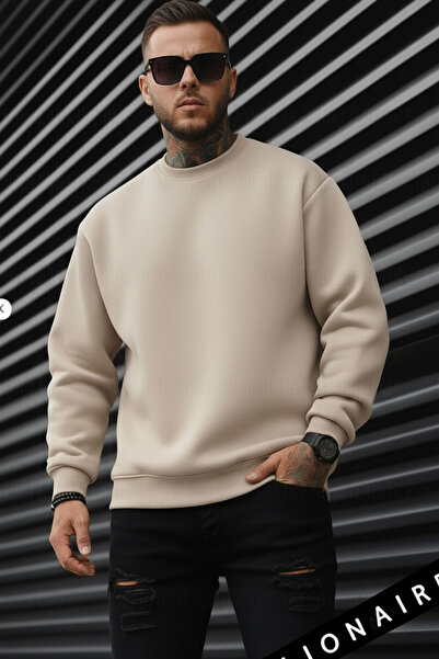 Millionaire Ανδρικό φούτερ από φλις, χαλαρή εφαρμογή, χωρίς στάμπα, μονόχρωμο, μπεζ, πέτρινο, μπεζ, Camel Basic 0, oversized