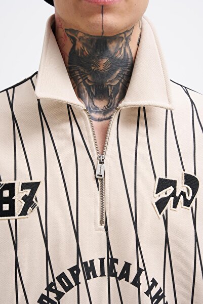 Machinist Ανδρικό φούτερ πόλο με στάμπα και φερμουάρ, απαλό μπεζ