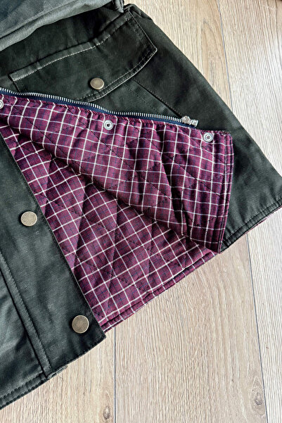 Sue Store Χακί πράσινο καρό με επένδυση από βελούδο γιακά oversized καπιτονέ λαδωμένο μπουφάν