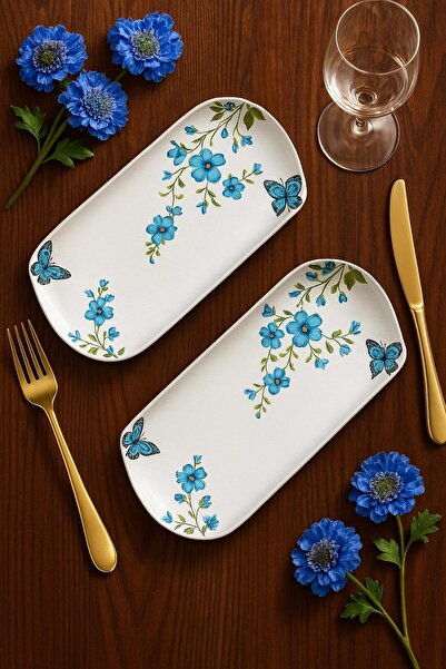Erbaşlar Butterfly Blue 2 Piece Luxury Ceramic Chicken World Plate Set