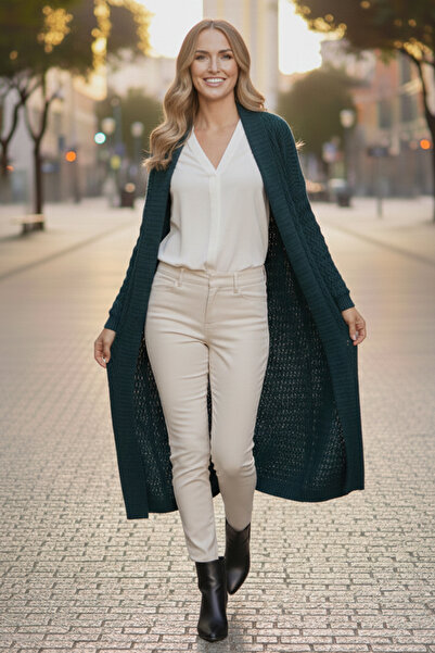 benguen Cardigan lung tricotat cu model în zig-zag R4470 Petrol