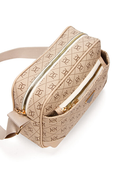 Newish Polo Geantă de umăr încrucișată cu curea lungă cu model monogramă bej pentru femei