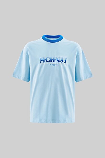 Machinist Men's Color Gradient Embroidered Oversize Light Blue T-Shirt