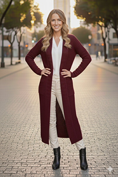 benguen Zigzag Patterned Long Knitwear Cardigan R4470 Claret Red