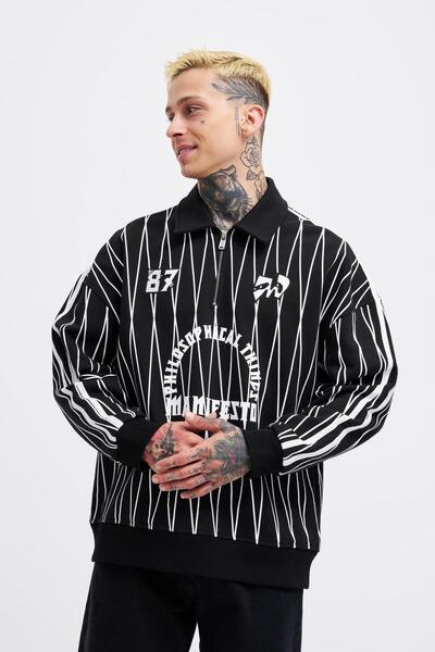 Machinist Ανδρικό φούτερ πόλο με στάμπα και φερμουάρ μαύρο