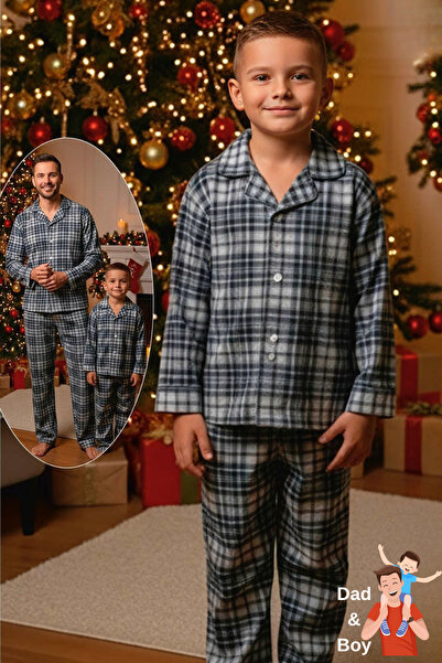 Zekalya Father and Son (Sold Separately) Checkered Plaid Pattern Suede Fabric Gray Pajama Set