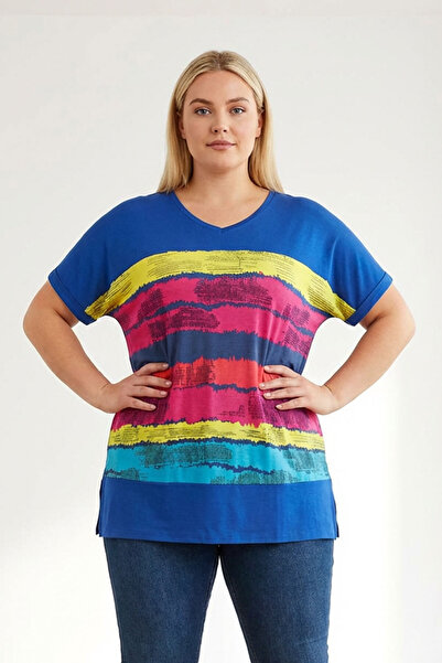 Stil Diva Μπλουζάκι με ριγέ κοντό μανίκι με λαιμόκοψη σε μεγάλο μέγεθος 302951