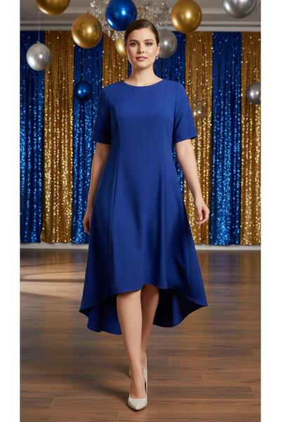 Nidya Moda Büyük Beden Kadın Saks Ön Kısa Arka Uzun Krep Elbise-4151sx