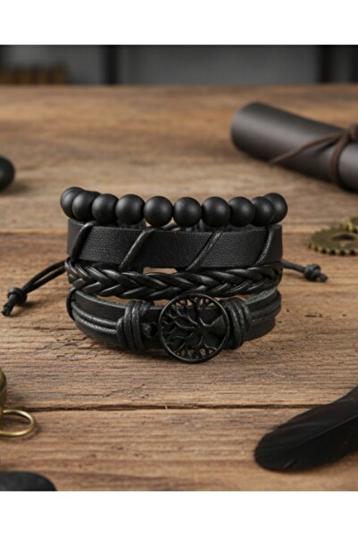 BSN Store Infinity Black Figured Onyx Bead Detailed 4-Piece Genuine Leather Bracelet