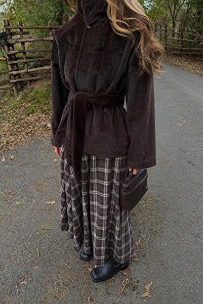 Laluvia Bitter Brown Collared Buttoned Belted Plush Jacket - 1624