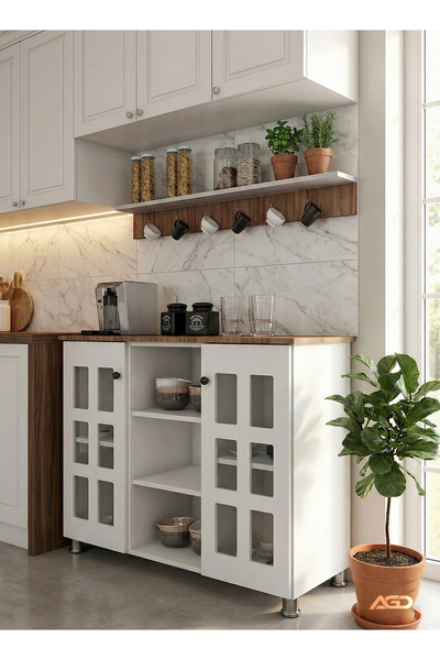 AGD خزانة زاوية القهوة، أدوات خبز المطبخ، مع رف توابل خشبي وكوب معلق، مثالية للمطبخ والمعيشة