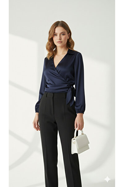 ribana Satin Double Breasted Collar Side Tie Shirt Blouse