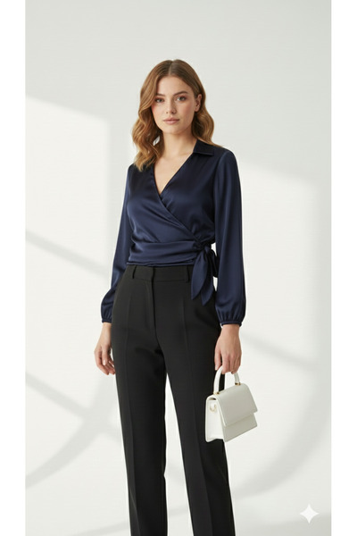 ribana Saten Kruvaze Yaka Yandan Bağlamalı Gömlek Bluz