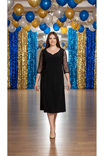 Nidya Moda Kadın Siyah Kol Ayna Tül Abiye Elbise 4082S