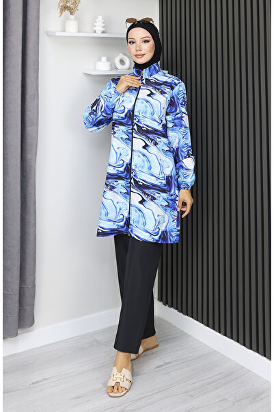 sefamerve Hijab-Badeanzug mit Wellenmuster, 3-teiliges Set, 1903-03, Marineblau