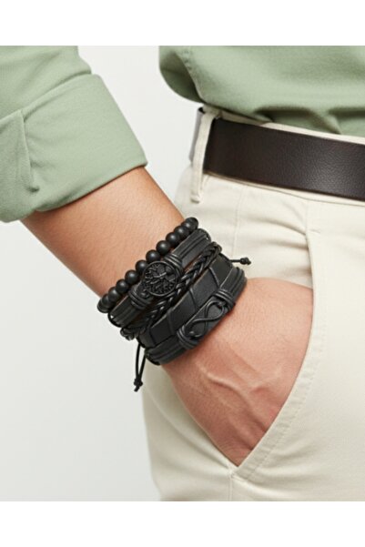 BSN Store Life Tree and Infinity Black Figured 5-Piece Real Leather Bracelet