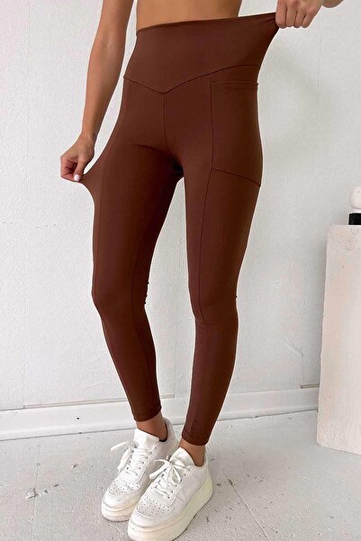 Mine Tan Butik Yanı Cepli Toparlayıcı Yüksek Bel Likralı Spor Tayt - Koyu Kahve