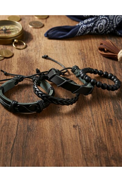 BSN Store Infinity Black Figured Onyx Bead Detailed 4-Piece Genuine Leather Bracelet