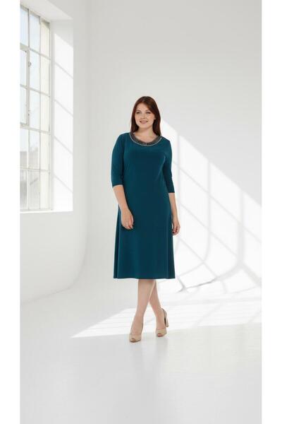 Nidya Moda Kadın Yeşil Taşlı Ray Yaka Abiye Elbise 4079Y
