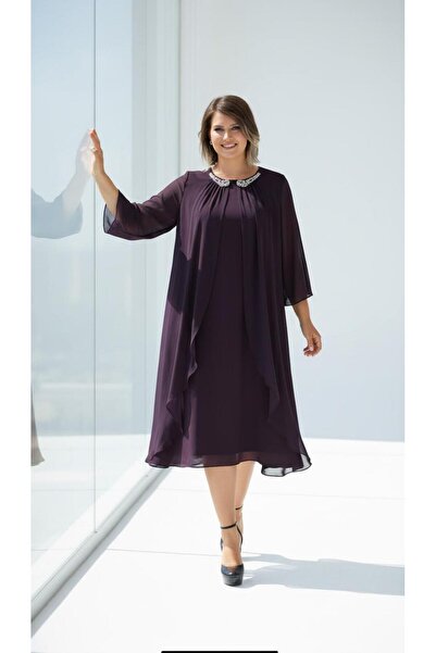 Nidya Moda Kadın Mürdüm Üst Şifon Abiye Elbise 4037M