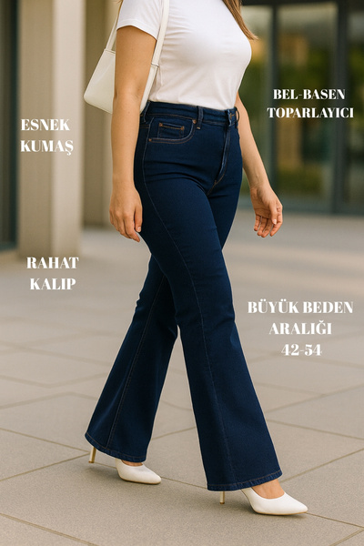 CEDY DENIM - Women's Plus Size Flared Leg High Waist Skinny Fit Lycra Trousers-C628-Navy Blue