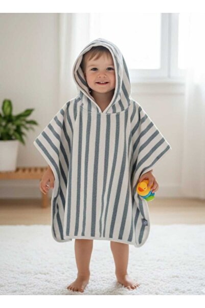 GÜRPAMUK HOME & BABY معطف للأولاد والبنات مصنوع من القطن بنسبة 100% - للبحر والشاطئ وحمام السباحة ومنشفة حمام مخططة/فيروزي