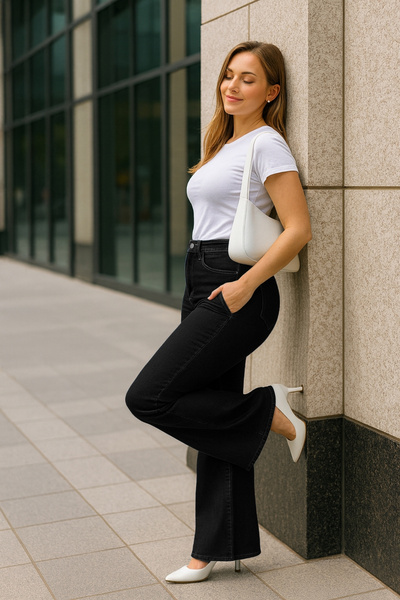 CEDY DENIM - Women's Black Plus Size Spanish Leg High Waist Skinny Fit Lycra Trousers-Black