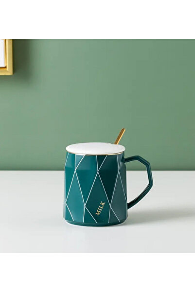 Dörtel Tedarik Modern Ceramic Mug with Geometric Pattern and Gold Spoon and Lid