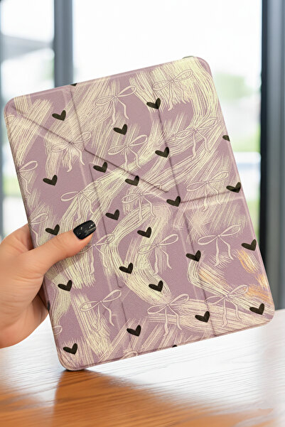Fibaks iPad 11 A16 2025 10Th Generation 10.9 Case Lilac Colored White Bow Black Heart Patterned Pen Compartment Transparent