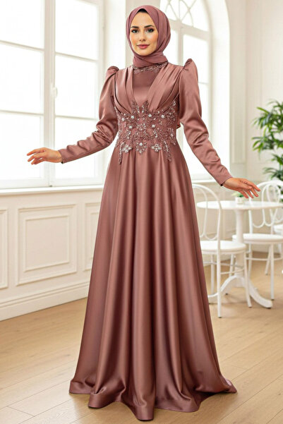 Neva Style Beaded Copper Satin Hijab Evening Dress 22640Bkr