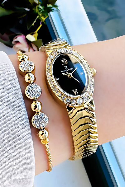 Daniel Klein Kadın Kol Saati 3 Atm Su Geçirmez Siyah- Gold Renk Çelik Kordon + Bileklik Wlg214